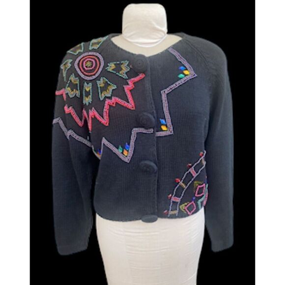 New York News Abstract Beaded Cardigan Vintage Sz. L Starburst Boxy, Y2K - Picture 3 of 11